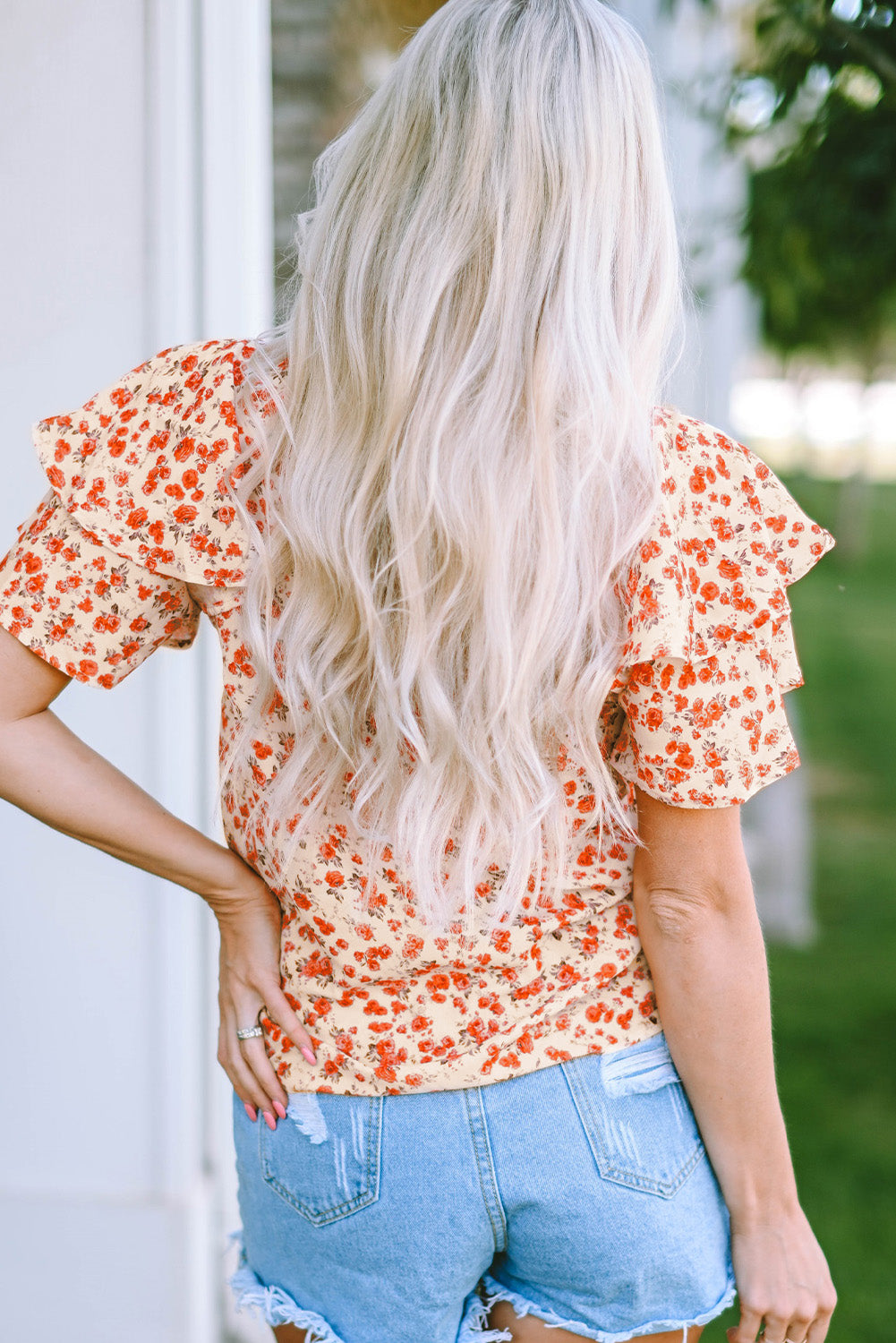 Floral Print Ruffle Sleeve Round Neck Blouse