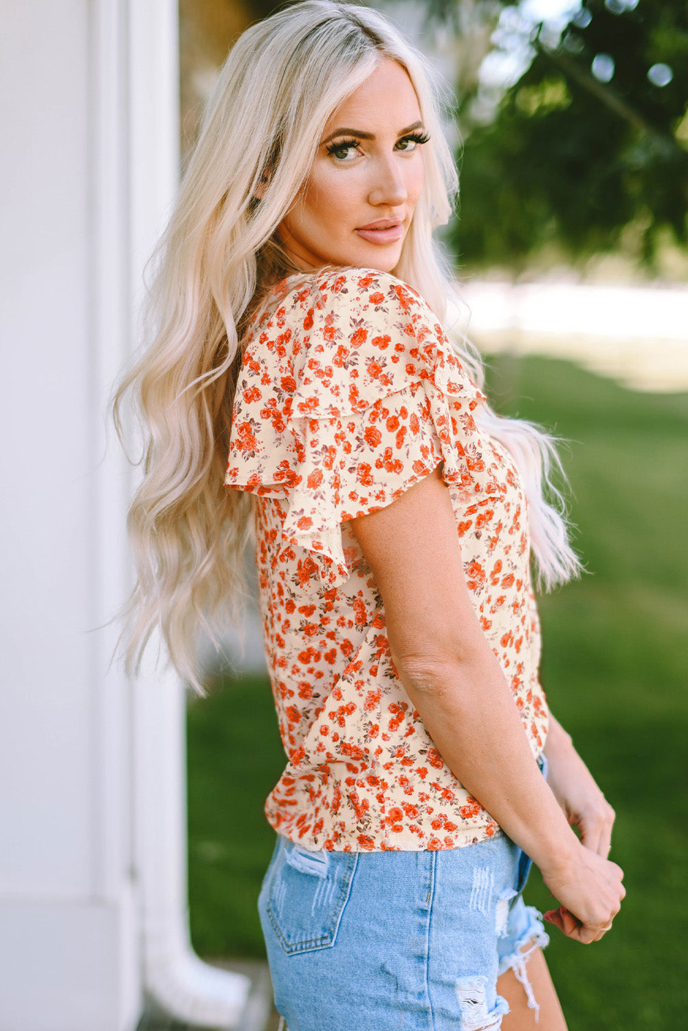 Floral Print Ruffle Sleeve Round Neck Blouse
