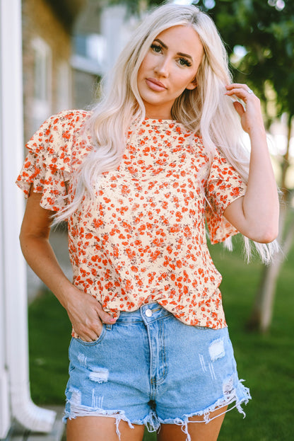 Floral Print Ruffle Sleeve Round Neck Blouse
