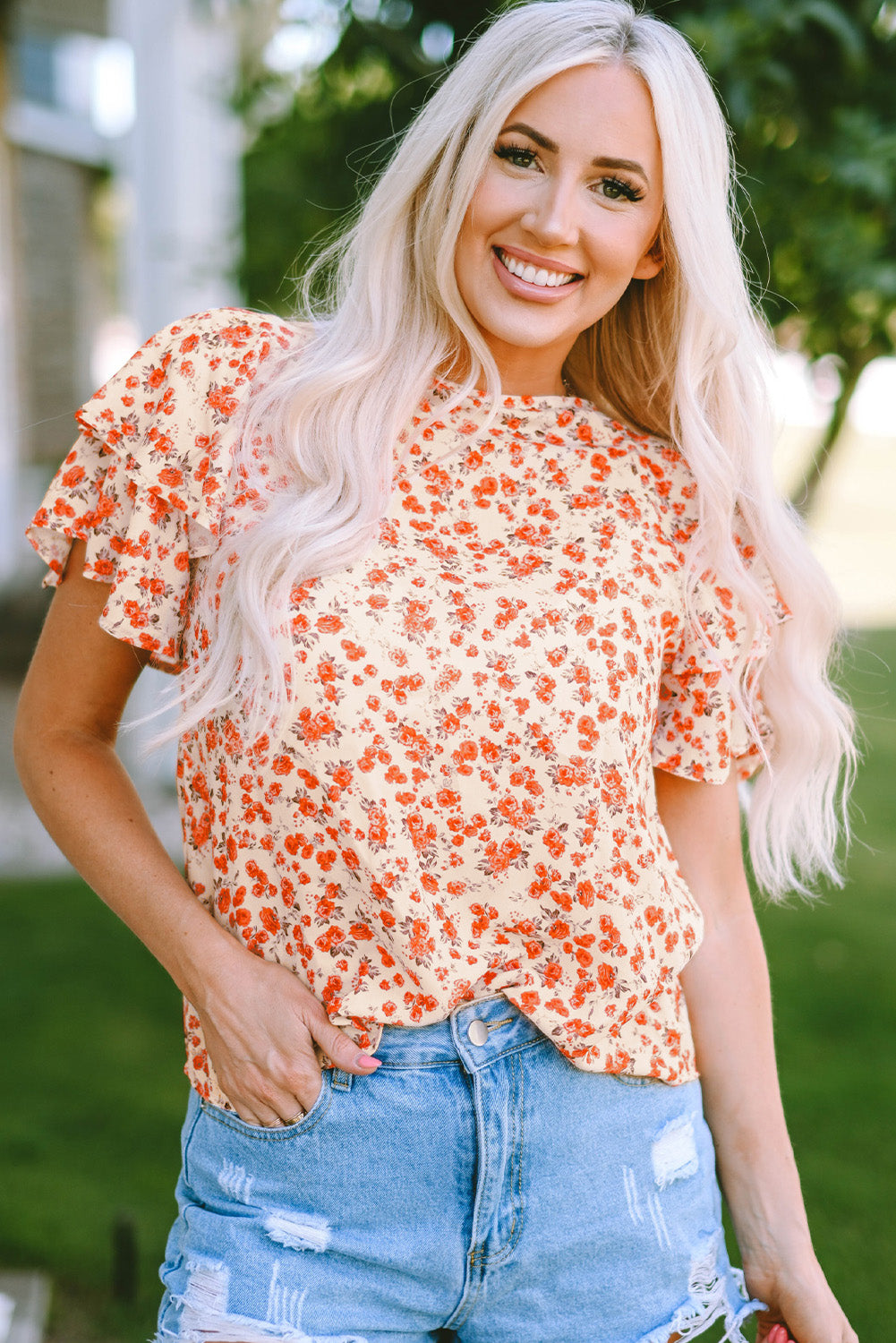 Floral Print Ruffle Sleeve Round Neck Blouse