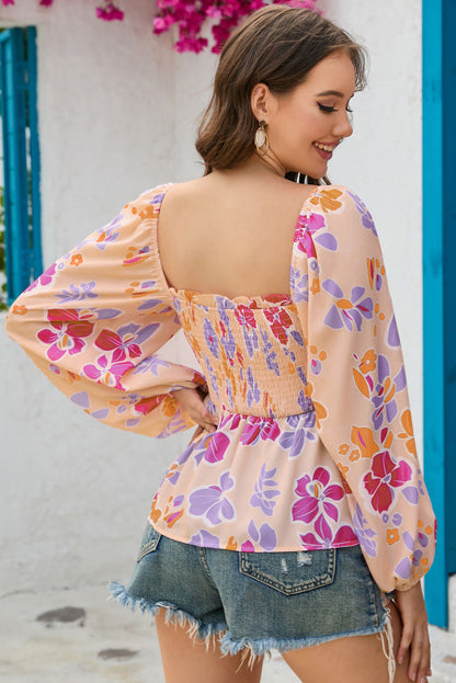 Floral Smocked Long Sleeve Peplum Blouse