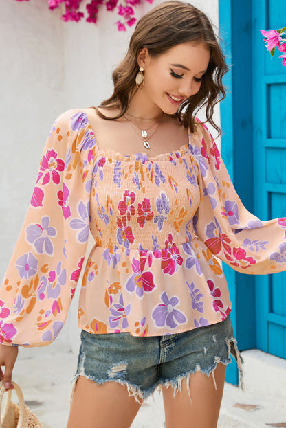 Floral Smocked Long Sleeve Peplum Blouse