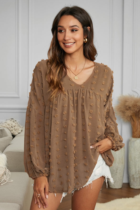 Swiss Dot Balloon Sleeve Loose Blouse