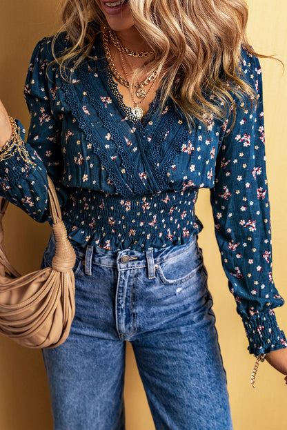 Lace Trim V Neck Floral Smocked Blouse