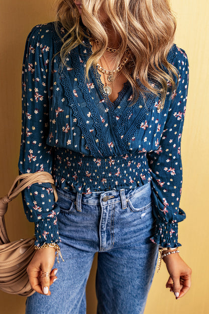 Lace Trim V Neck Floral Smocked Blouse