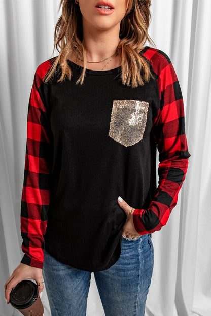 Plaid Long Sleeve Sequins Pocket Top