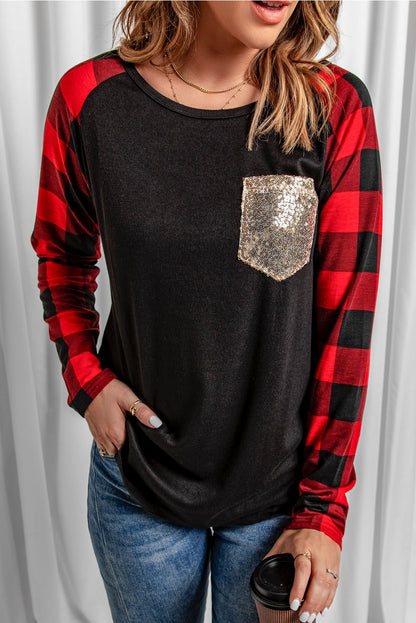 Plaid Long Sleeve Sequins Pocket Top
