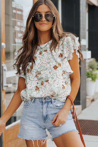 Green Floral Ruffle Short Sleeve Top