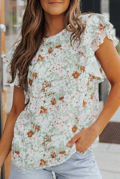 Green Floral Ruffle Short Sleeve Top