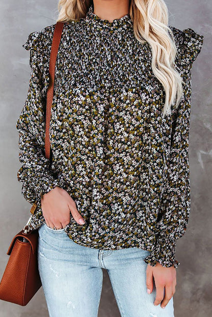 Black Ditsy Floral Smocked Ruffle Long Sleeve Blouse