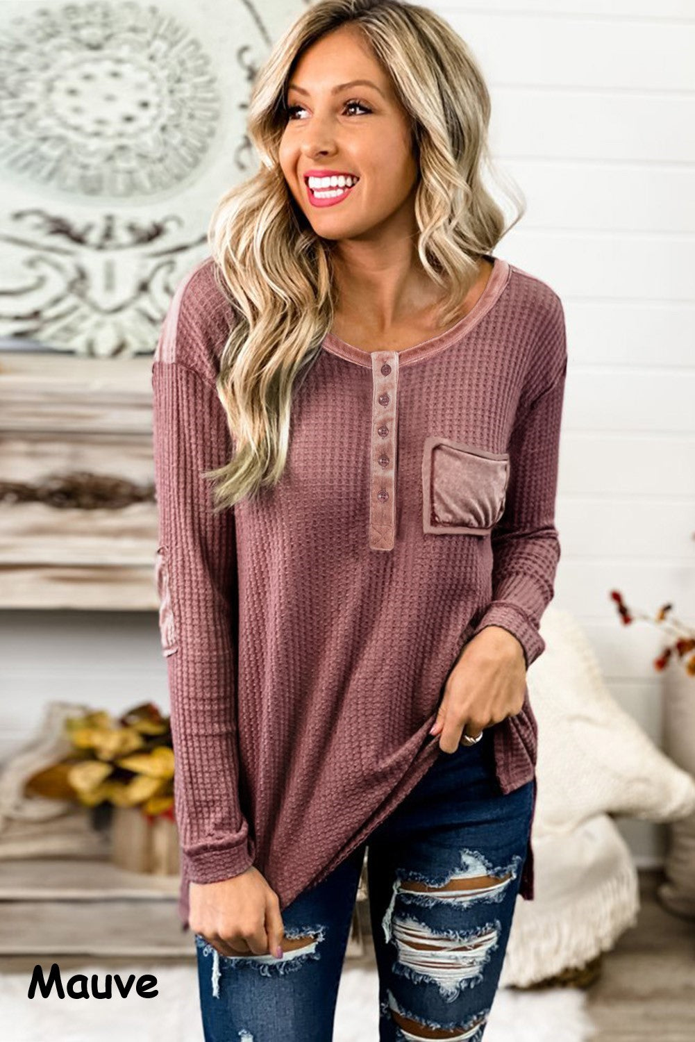 Waffle Knit Long Sleeve Top | 3 Colors|