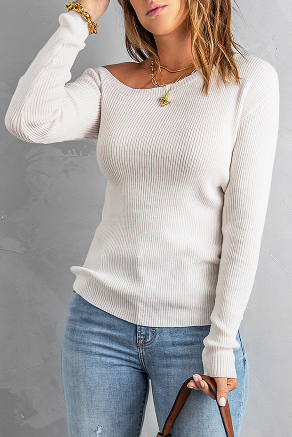 White Ribbed Knit Sweater