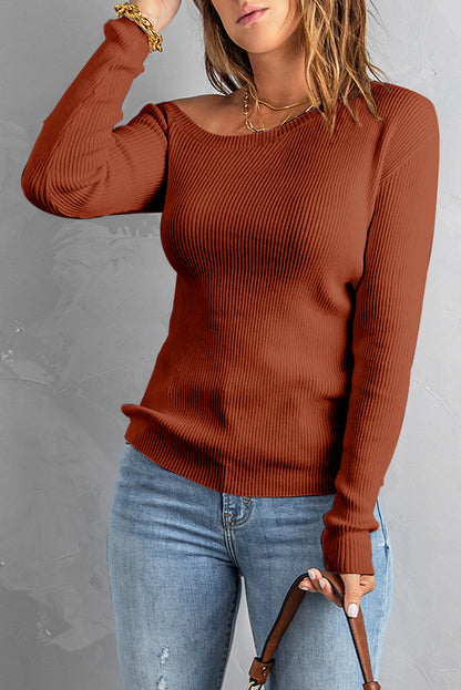 Brown Ribbed Knit Sweater