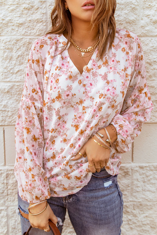 Floral Print V Neck Long Puff Sleeve Top | 2 Colors |
