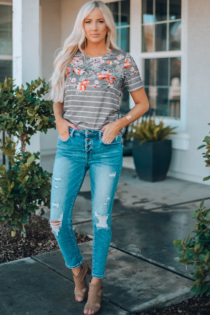 Gray Stripe Floral Round Neck Top