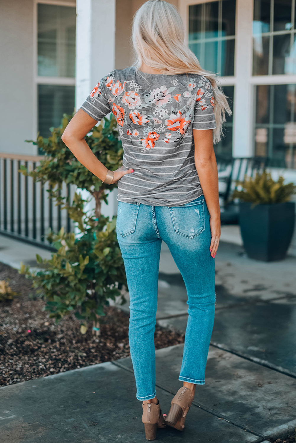 Gray Stripe Floral Round Neck Top