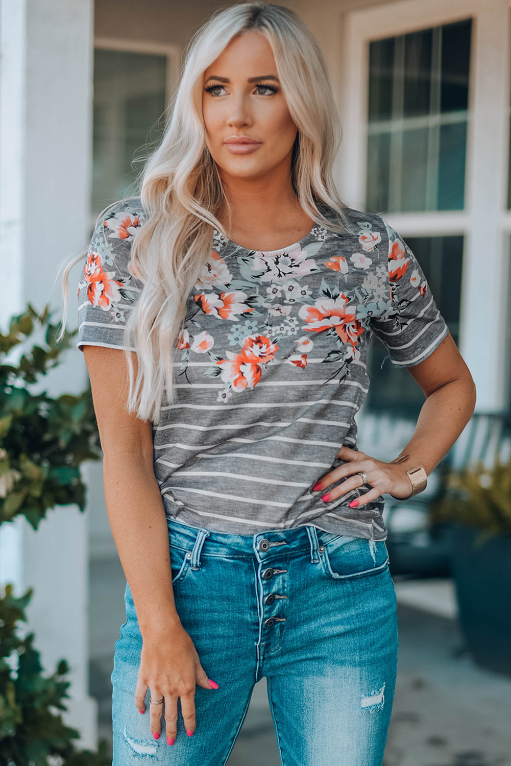Gray Stripe Floral Round Neck Top