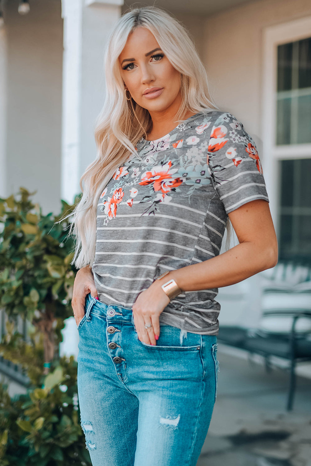 Gray Stripe Floral Round Neck Top