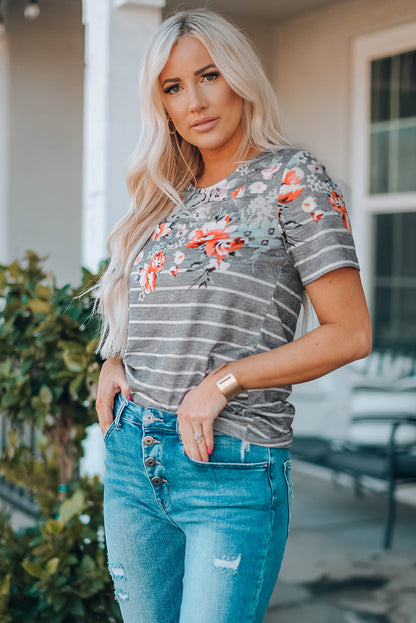 Gray Stripe Floral Round Neck Top