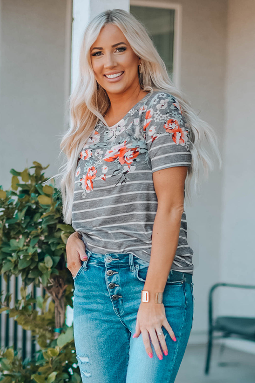 Gray Stripe Floral Round Neck Top