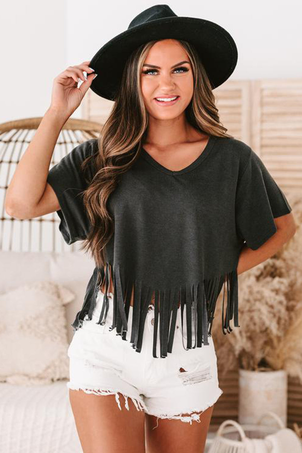 Fringe Hem V Neck T Shirt