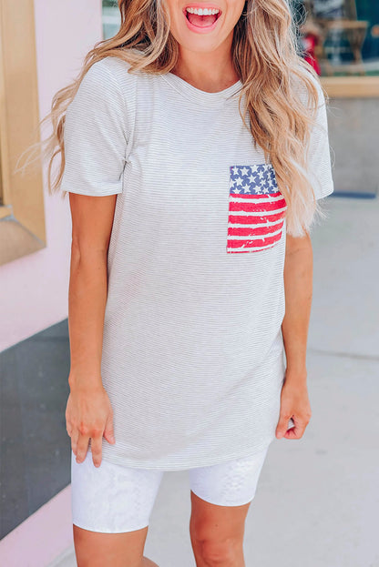 Gray Stripes American Flag Chest Pocket T Shirt