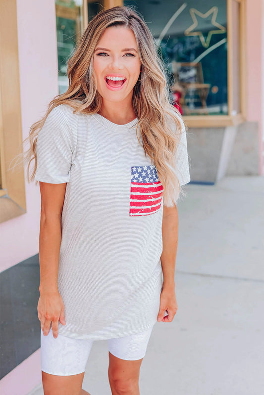 Gray Stripes American Flag Chest Pocket T Shirt