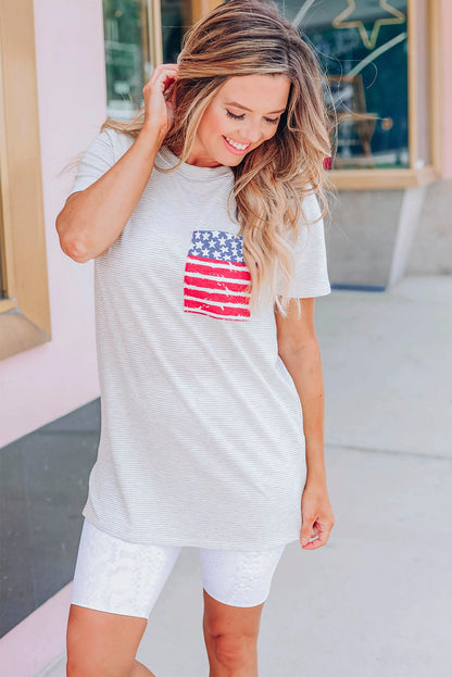 Gray Stripes American Flag Chest Pocket T Shirt