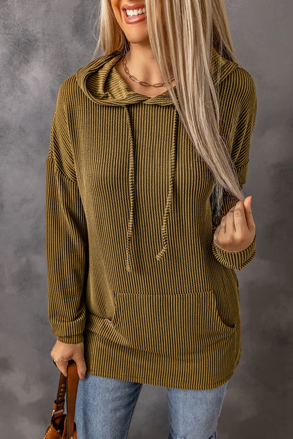 Ribbed Drawstring Pullover Hoodie