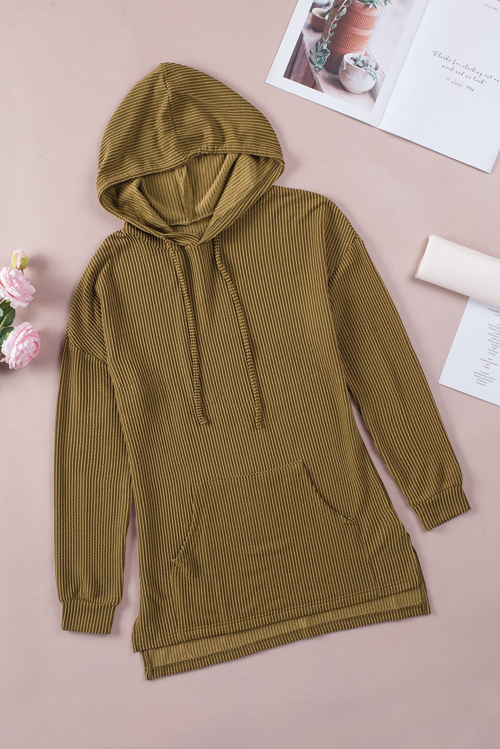 Ribbed Drawstring Pullover Hoodie