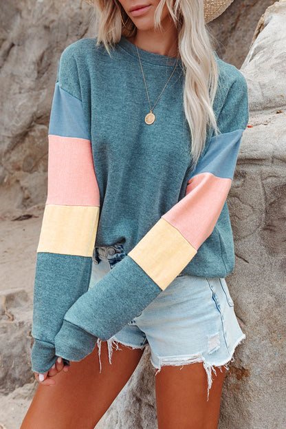 Blue Colorblock Long Sleeve Pullover Sweatshirt