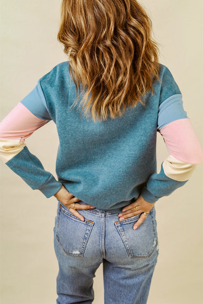 Blue Colorblock Long Sleeve Pullover Sweatshirt