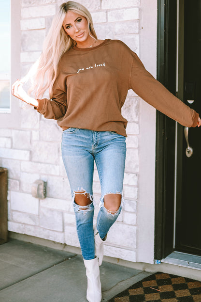 You Are Loved Print Ribbed Sweatshirt