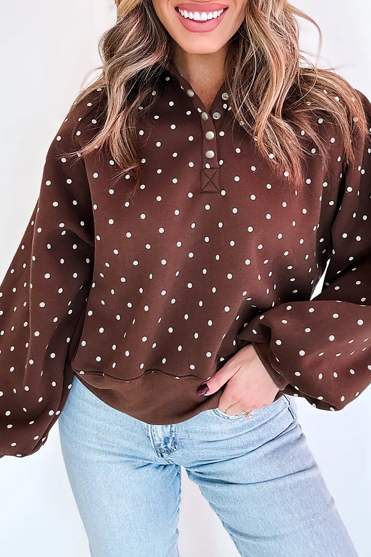 Polka Dot Print Collar Casual Pullover Sweatshirt