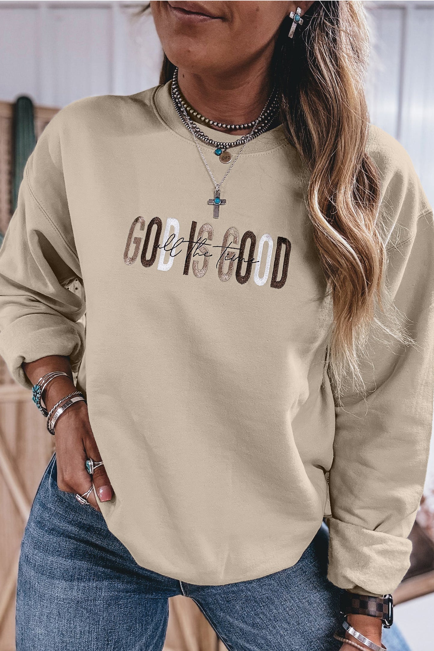 GOD IS GOOD Embroidered Crewneck Pullover Sweatshirt