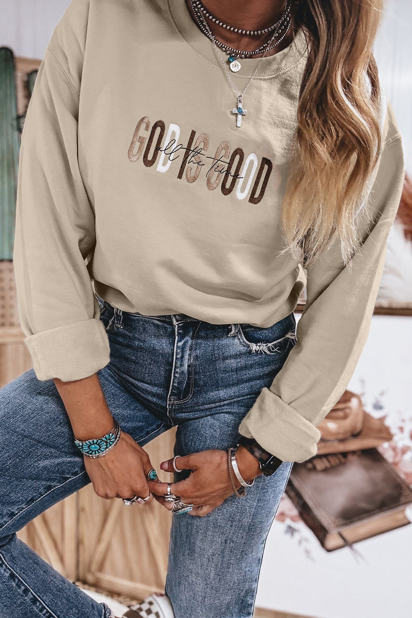 GOD IS GOOD Embroidered Crewneck Pullover Sweatshirt