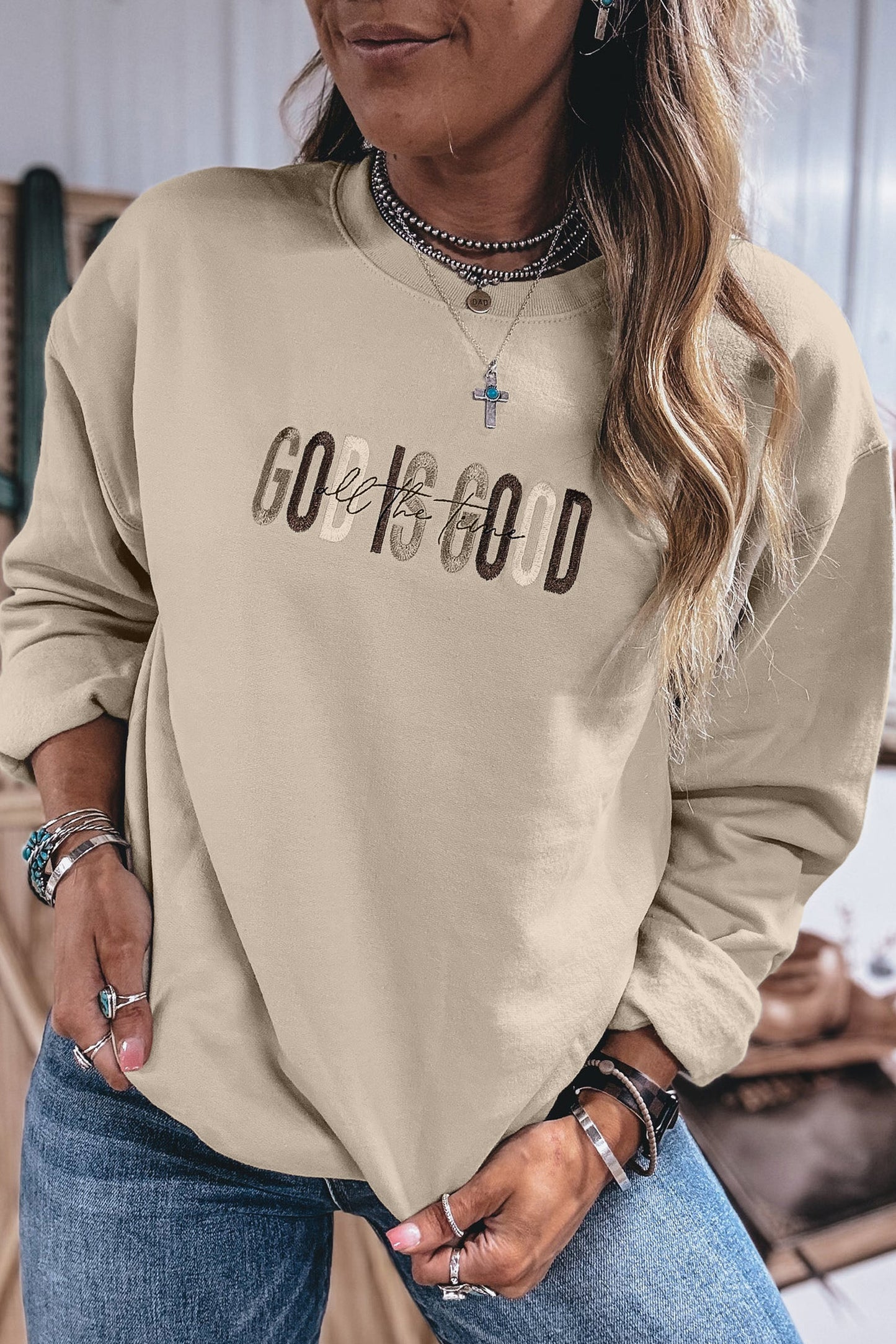 GOD IS GOOD Embroidered Crewneck Pullover Sweatshirt