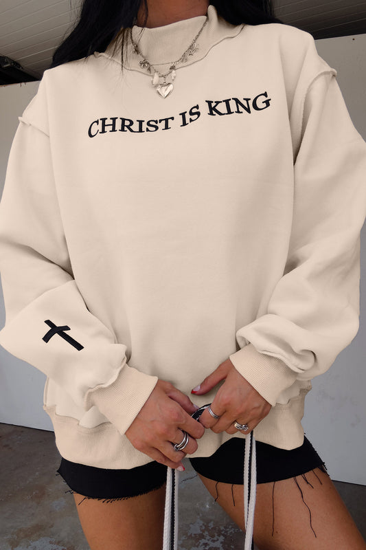 CHRIST IS KING Embroidery High Neck Baggy Sweatshirt