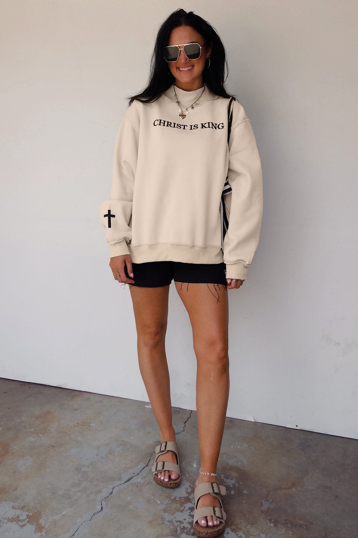 CHRIST IS KING Embroidery High Neck Baggy Sweatshirt