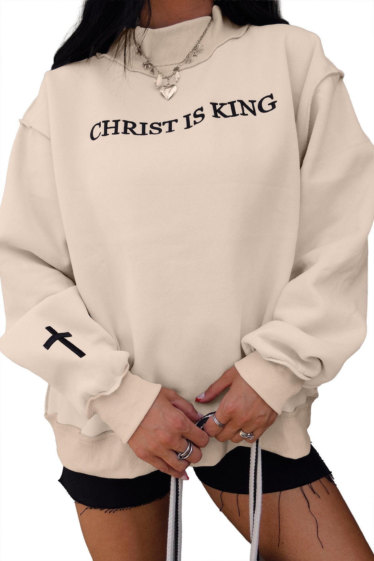 CHRIST IS KING Embroidery High Neck Baggy Sweatshirt