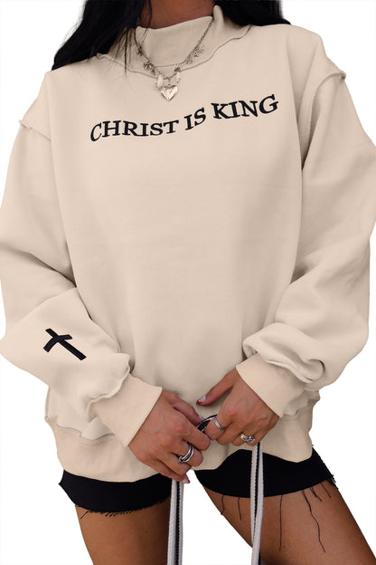 CHRIST IS KING Embroidery High Neck Baggy Sweatshirt