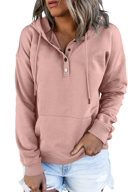 Pink Snap Button Pullover Hoodie with Pocket