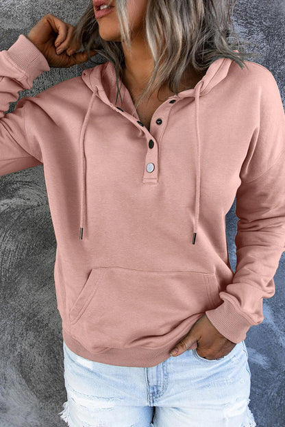 Pink Snap Button Pullover Hoodie with Pocket