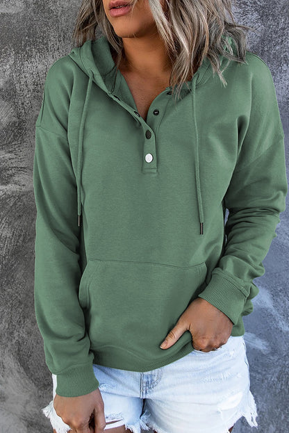 Green Snap Button Pullover Hoodie with Pocket