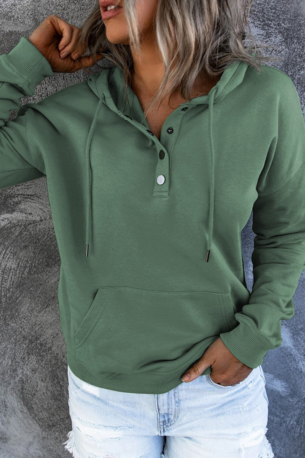 Green Snap Button Pullover Hoodie with Pocket