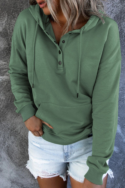 Green Snap Button Pullover Hoodie with Pocket