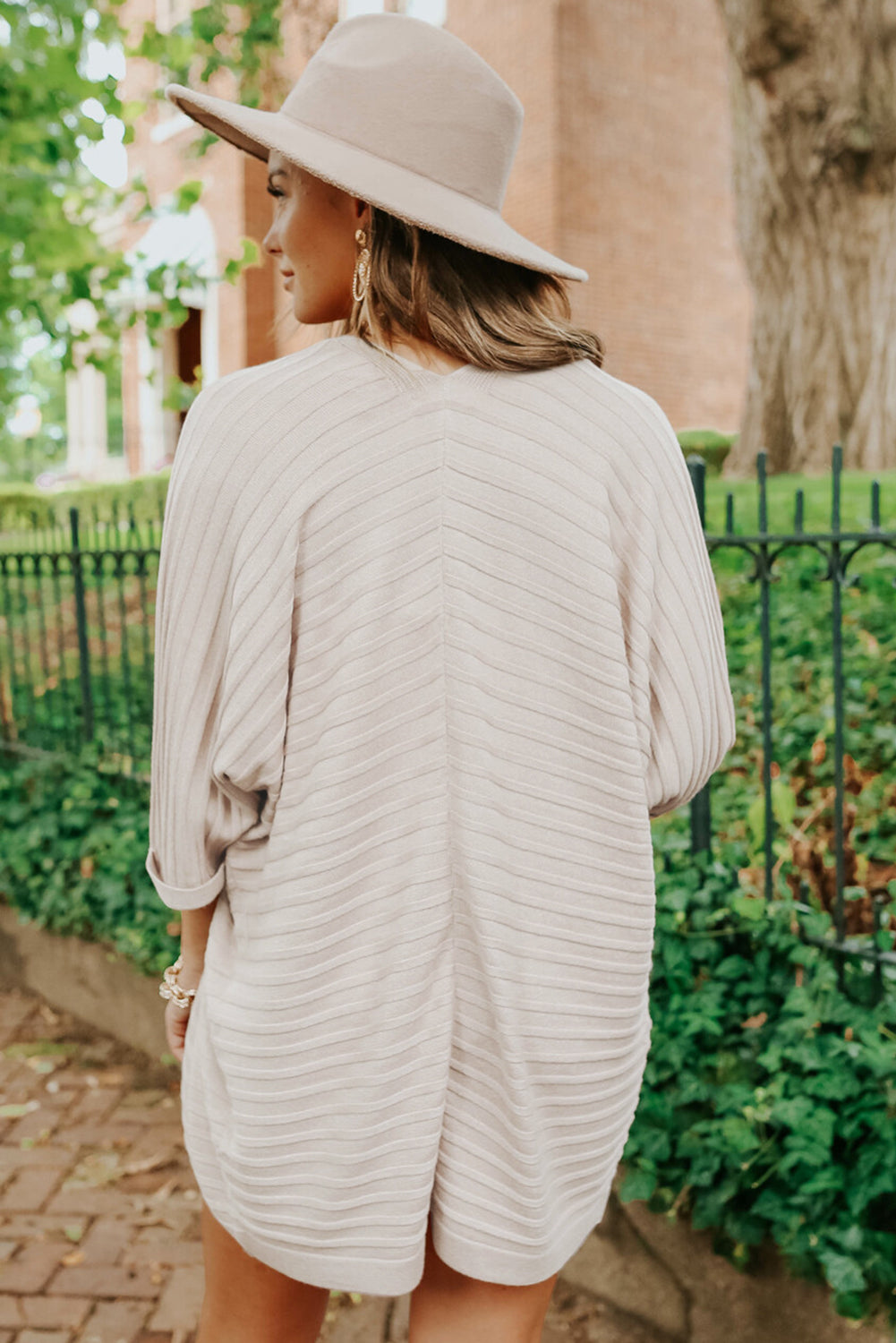 Beige Ribbed Open Front Knit Cardigan