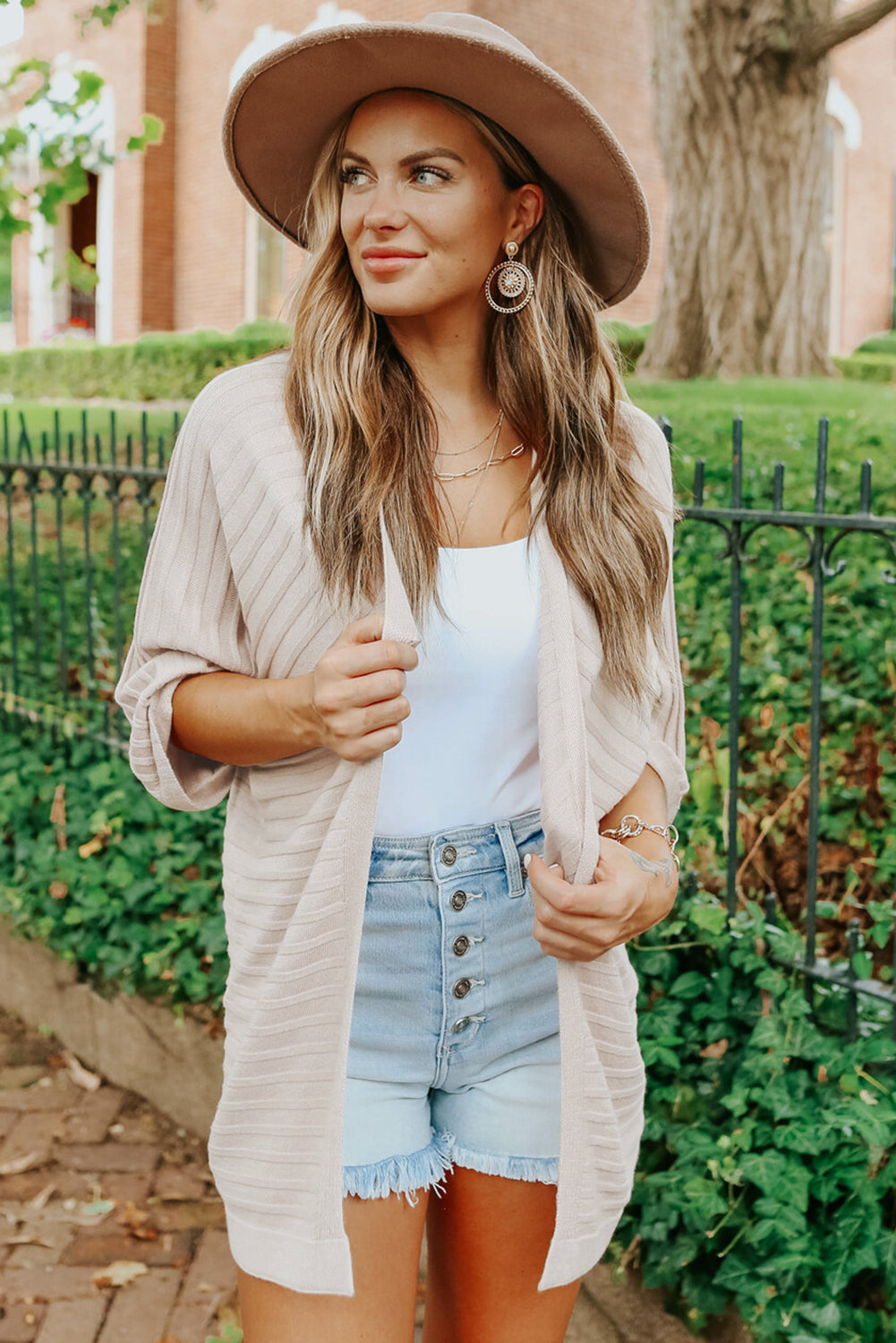 Beige Ribbed Open Front Knit Cardigan