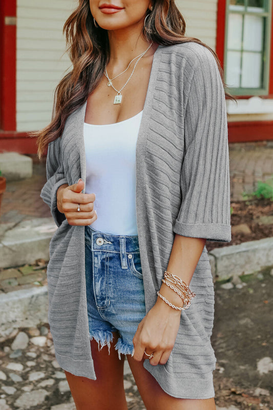 Gray Ribbed Open Front Knit Cardigan