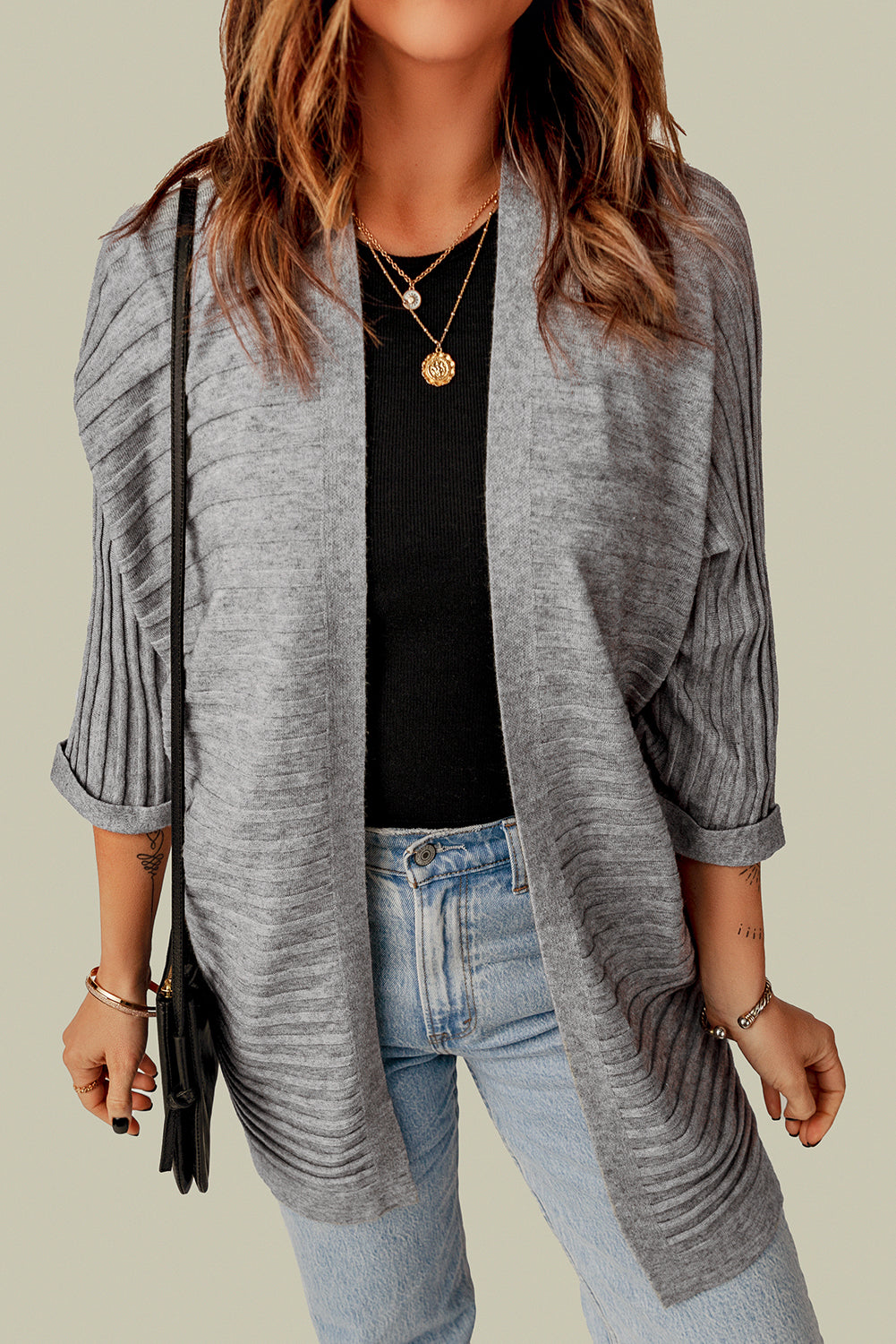 Gray Ribbed Open Front Knit Cardigan